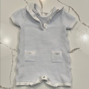 Janie and Jack Baby Blue and White Striped Collared Romper, Size 3-6